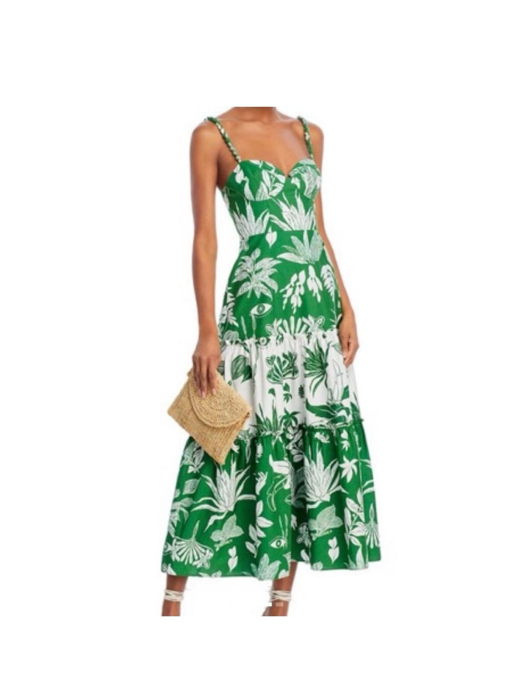 Green Tropical Print Tiered Midi Dress with Sweetheart Neckline XXS